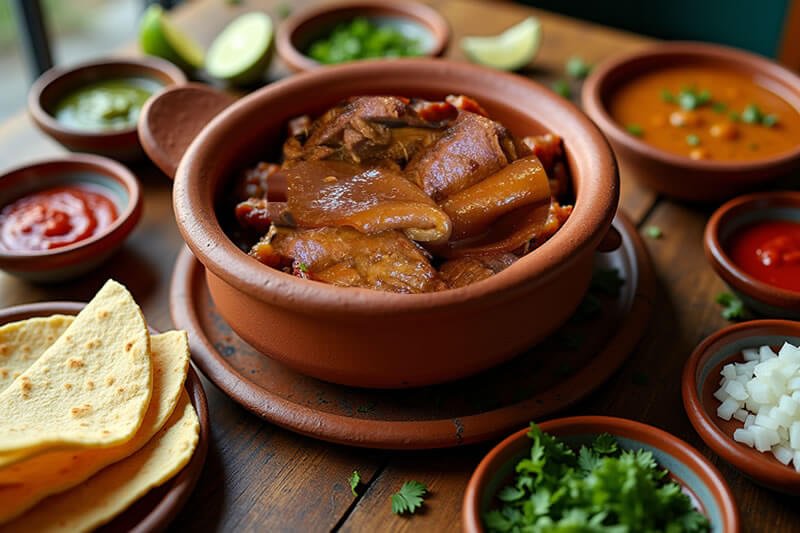Carnitas de cerdo tradicionales servidas con tortillas y salsa