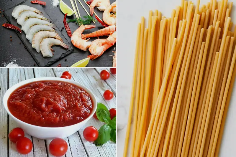 Ingredientes para preparar pasta Fra Diavolo con camarones, salsa de tomate picante y pasta al dente.