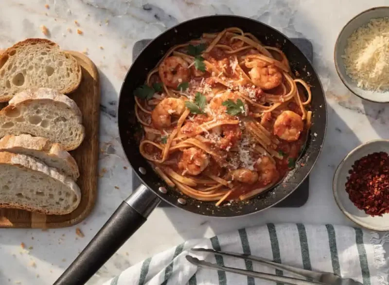 Sartén con pasta fra diavolo