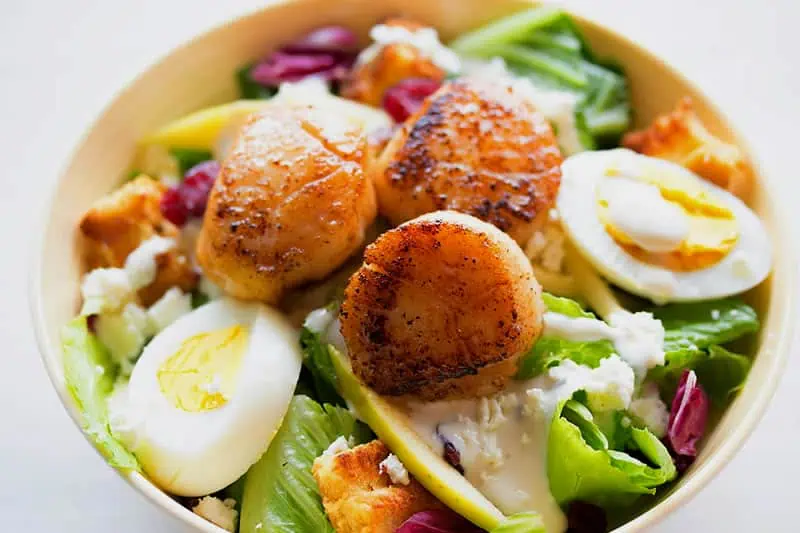 Tazón de ensalada de vieiras con lechuga