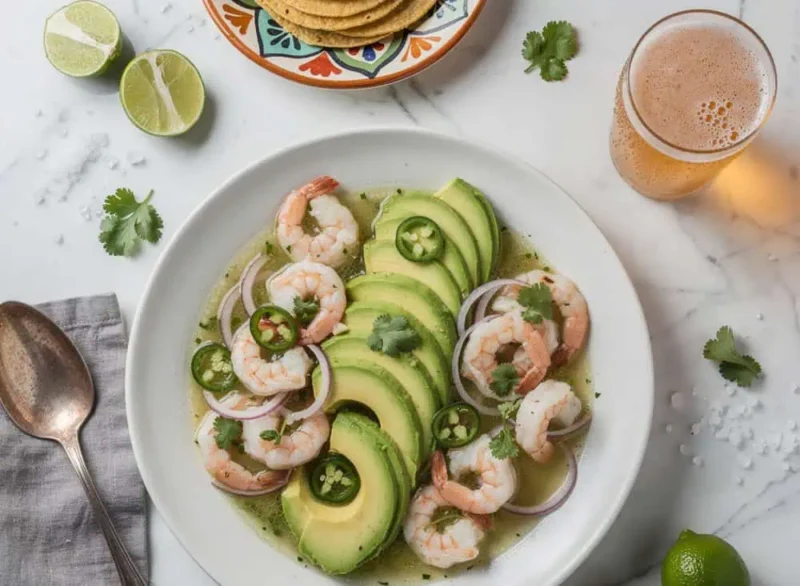 Tazón de aguachile de camarón con un plato de tostadas y vaso de cerveza