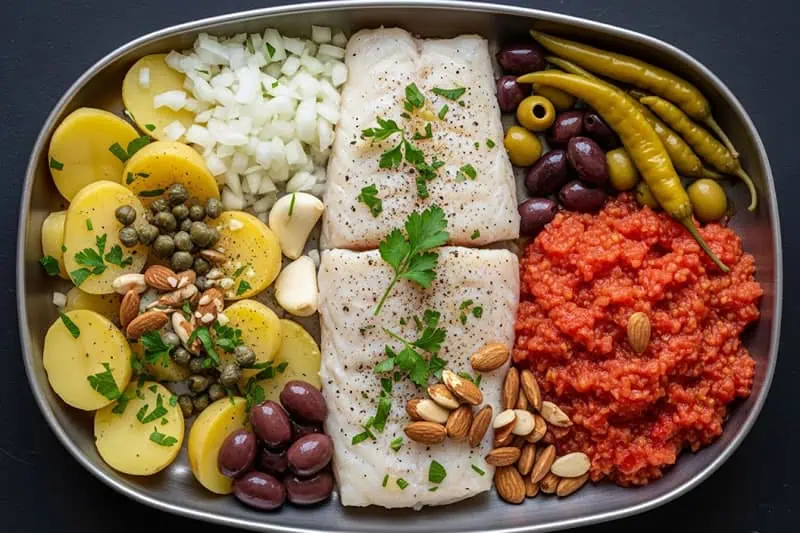 Bacalao a la vizcaína, bandeja con ingredientes