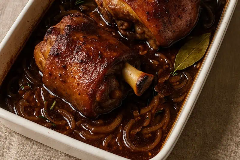 Chamorro al Horno: Aprende a Prepararlo en Casa Chamorro al horno en bandeja con cama de cebollas y jugo de carne