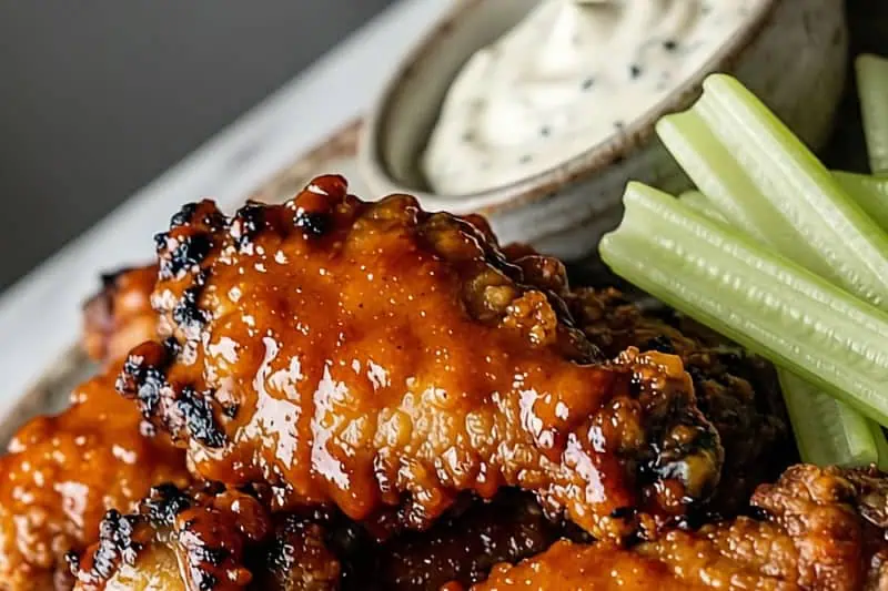 Alitas Buffalo: El equilibrio Perfecto Entre Picante, Mantequilla y Textura Crujiente Buffalo wings con aderezo y palitos de apio
