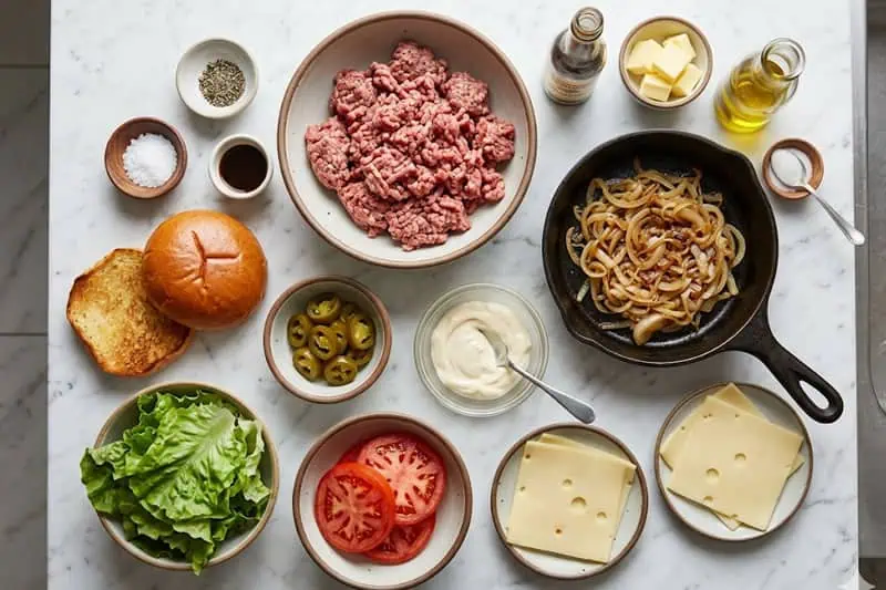 Ingredientes para preparar una hamburguesa con cebolla caramelizada
