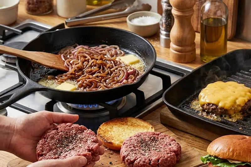 Imagen preparando una hamburguesa con cebolla caramelizada