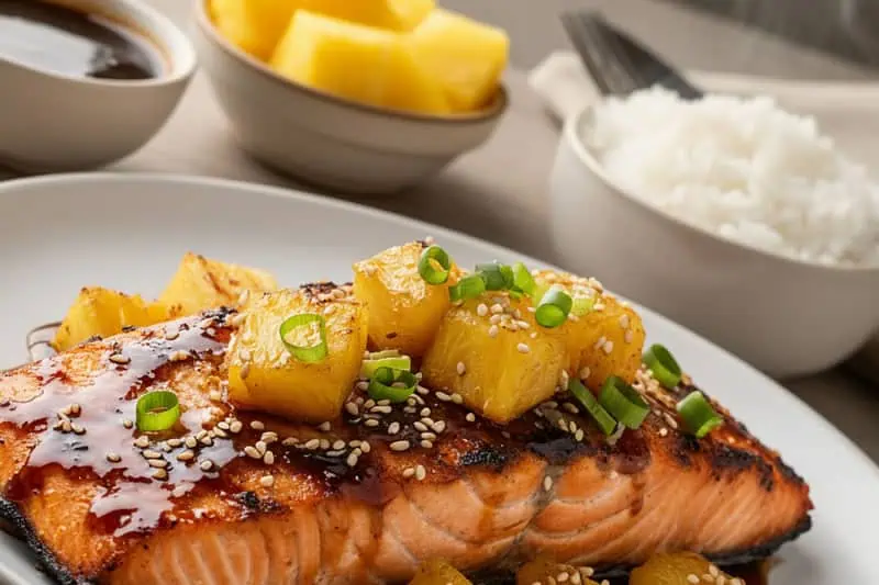 Salmón Teriyaki Con Piña Plato de salmón teriyaky