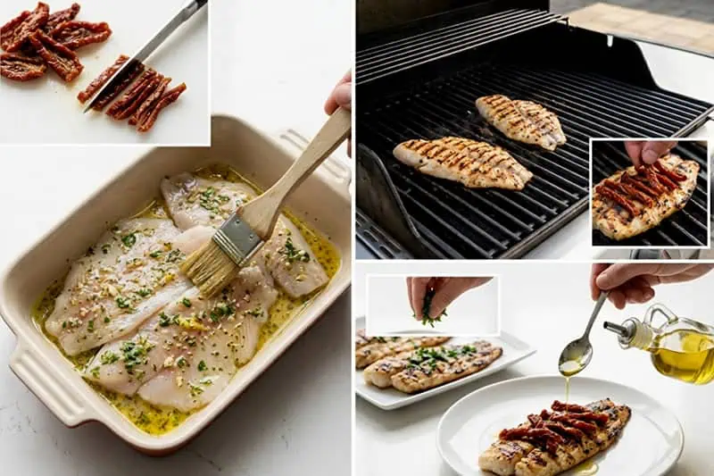 Pescado Blanco a la Parrilla Preparación de pescado blanco con tomates deshidratados