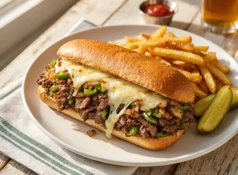 Plato con un Philly cheessteak con papas y pepinillos