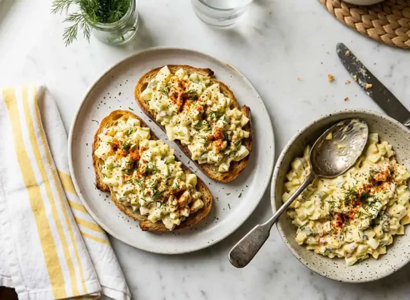 Ensalada de huevo cremosa con pepinillos y eneldo servida sobre pan tostado