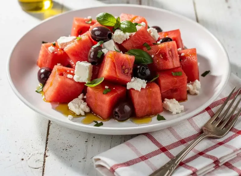 Ensalada de sandia con feta y aceitunas