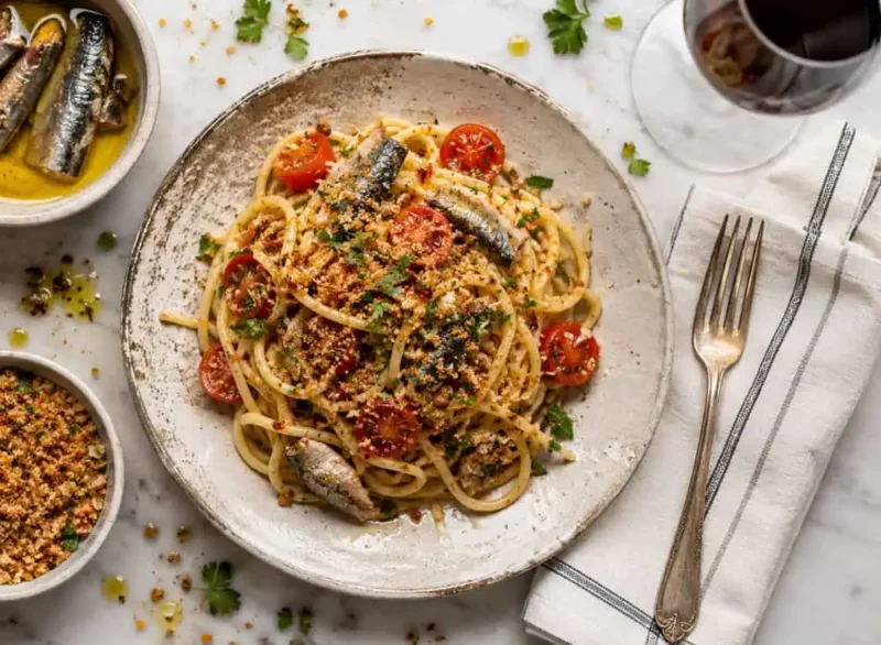 Espaguetis con sardinas y pangrattato