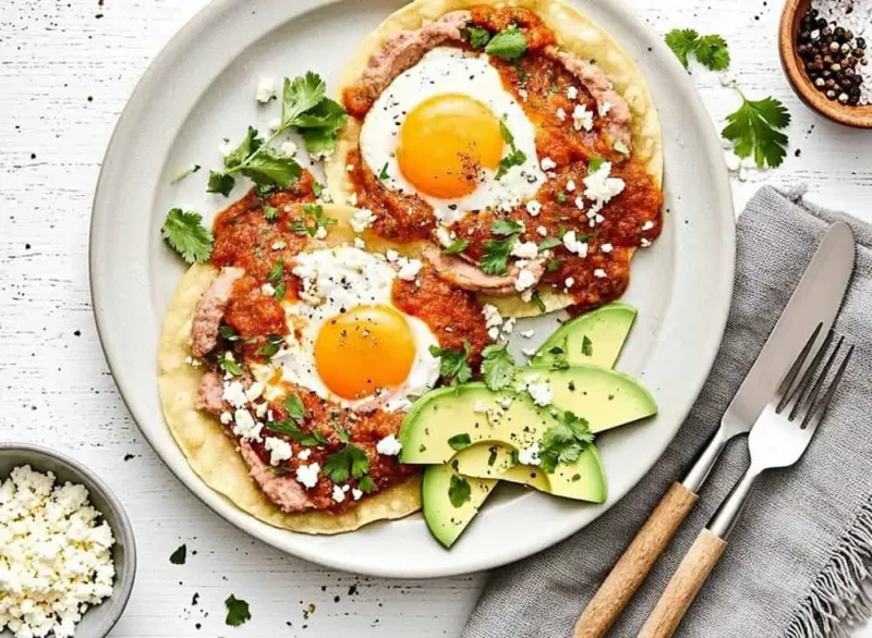 Plato con huevos rancheros y aguacate