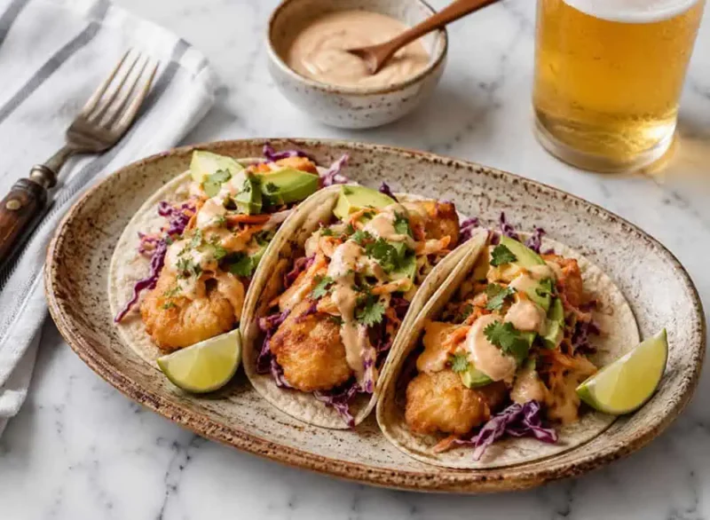 Plato con tacos de pescado estilo Baja California