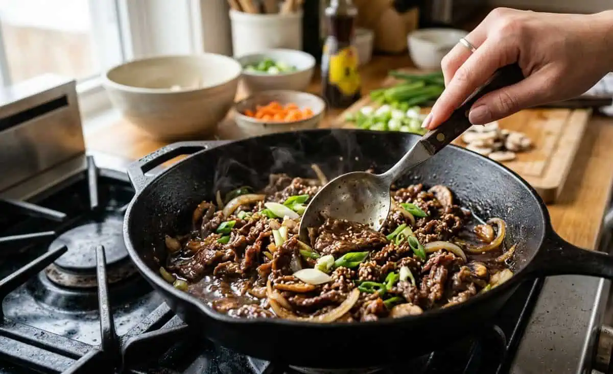 Bulgogi Coreano con Arroz: El Sabor Más Popular de la Cocina Coreana Preparando en la cocina el bulgogi