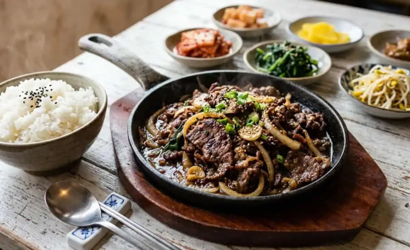 Sartén con bulgogi y arroz
