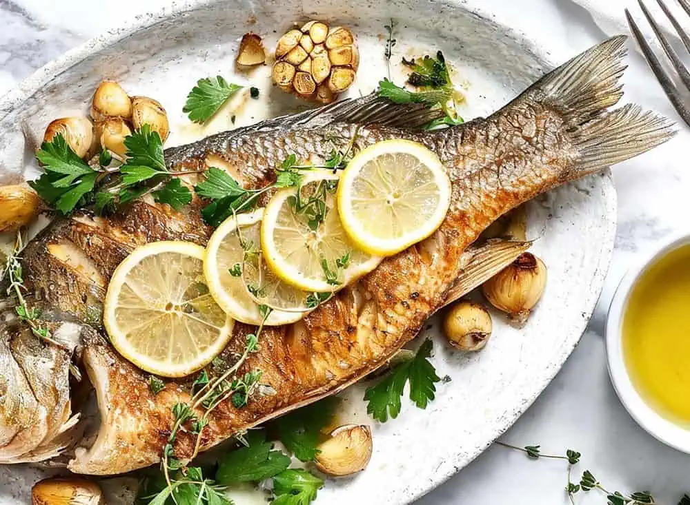 Lobina al Horno: Un Plato Elegante, Saludable y Lleno de Sabor Plato con una lobina al horno