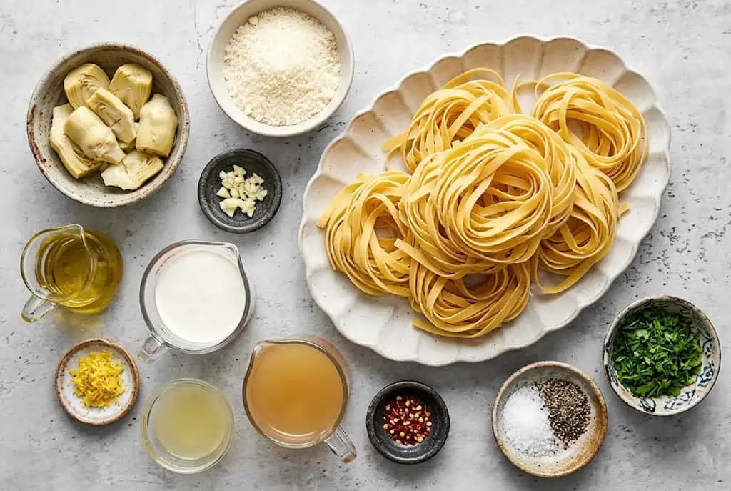 Pasta Cremosa con Alcachofas Plato con pasta cremosa y alcachofas