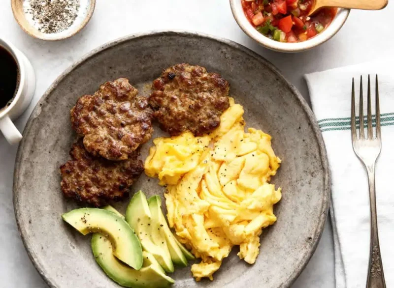 Plato de sausage patties con huevo