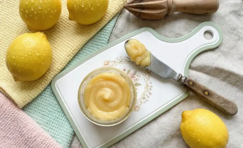 Lemon curd casero servido en un frasco de vidrio con limones frescos y ralladura de limón sobre una superficie de mármol blanco.