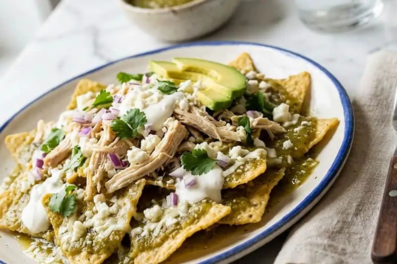 Chilaquiles Verdes Con Pollo: un Desayuno Con Sabor Mexicano Chilaquiles verdes con pollo con crema queso y aguacate
