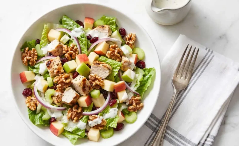 Ensalada de manzana, nueces y pollo con lechuga y aderezo cremoso