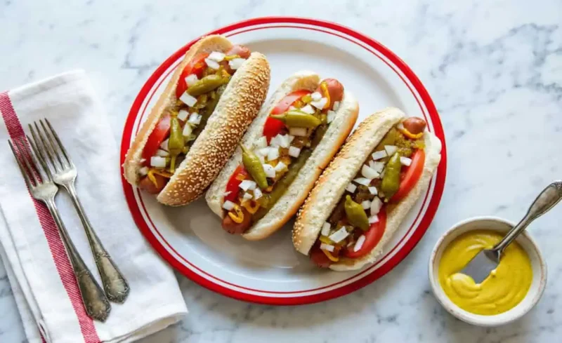 Hot dogs estilo Chicago con mostaza, relish, tomate y pepinillos