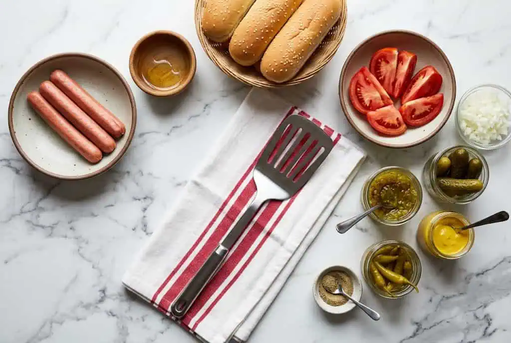 Hot Dogs Estilo Chicago: la receta clásica y sus ingredientes Hot dogs estilo Chicago con mostaza, relish, tomate y pepinillos ingredientes