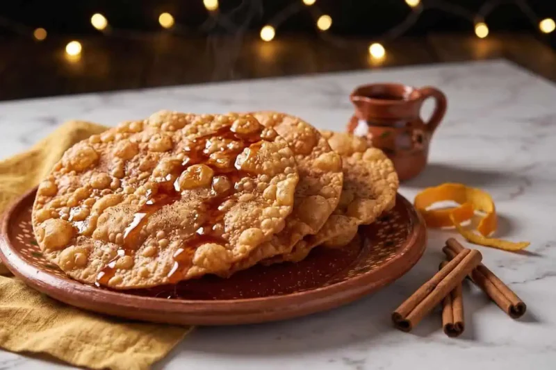 Buñuelos crujientes con miel de piloncillo y canela servidos en un plato de barro
