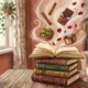 Pila de libros con vapor, chocolate, pétalos de rosa y tomates verdes saliendo de sus páginas