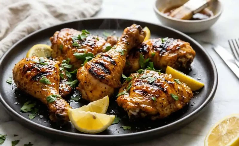 Piernas y muslos de pollo a la parrilla con piel dorada, limón y perejil