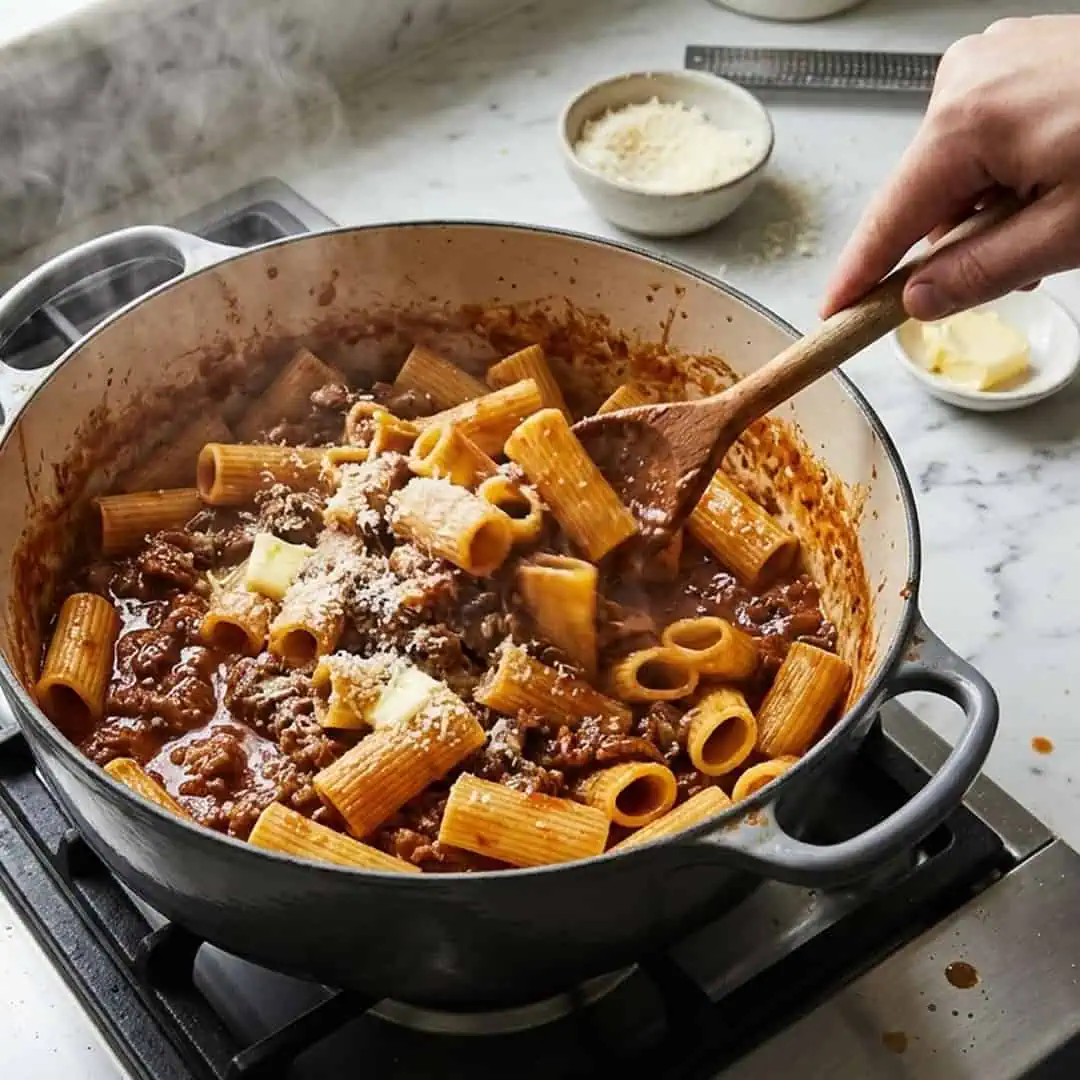 Rigatoni Con Ragú de Res: el plato que convierte un día cualquiera en domingo Plato de rigatoni con ragú