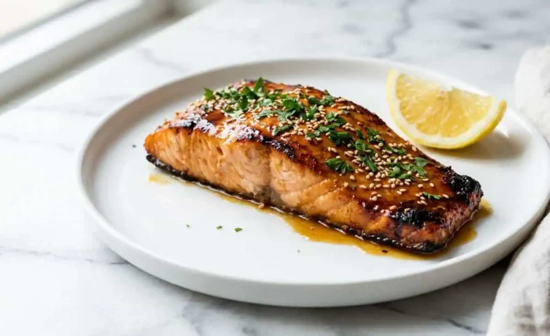 Filete de salmón glaseado con miel y ajo, con perejil y ajonjolí, sobre una superficie de mármol blanco