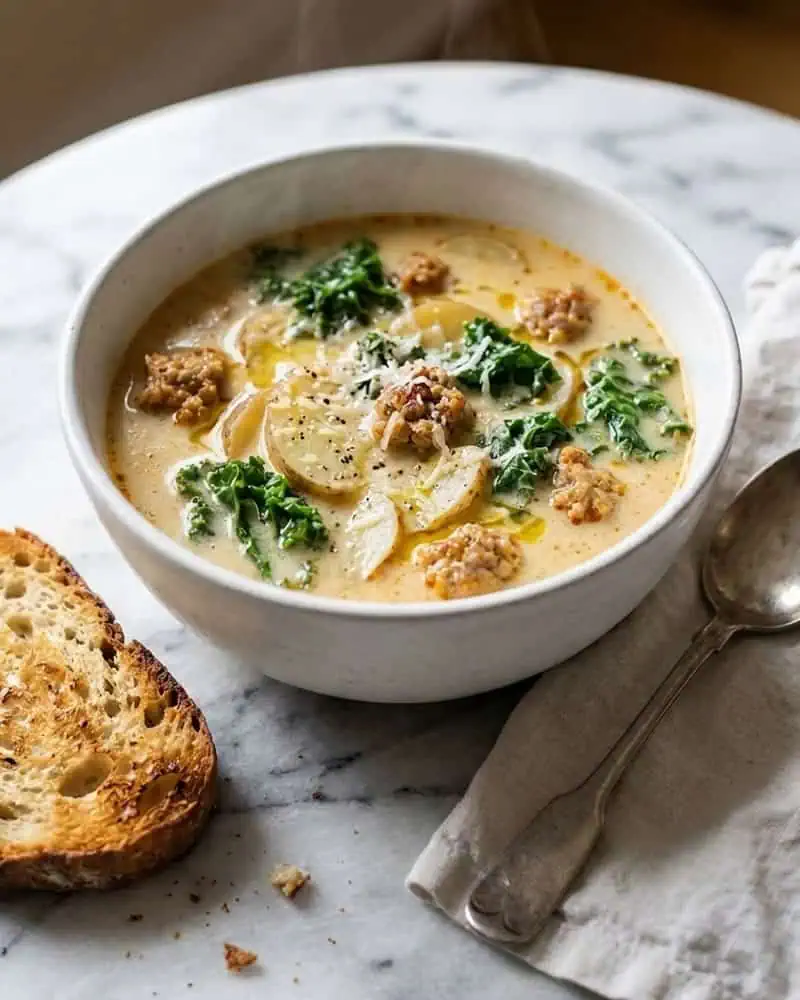 Sopa de Salchicha Toscana Cremosa: el tazón que abraza en los días fríos Sopa toscana con salchicha