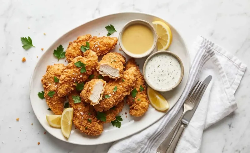 Plato con aderezos y tenders de pollo
